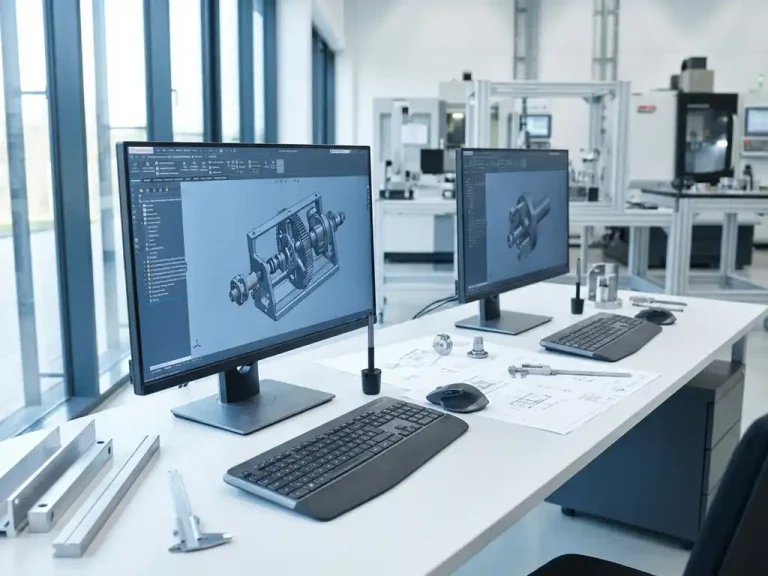 Two CAD workstations with 3D mechanical models on monitors, engineering drawings and design tools on white desk