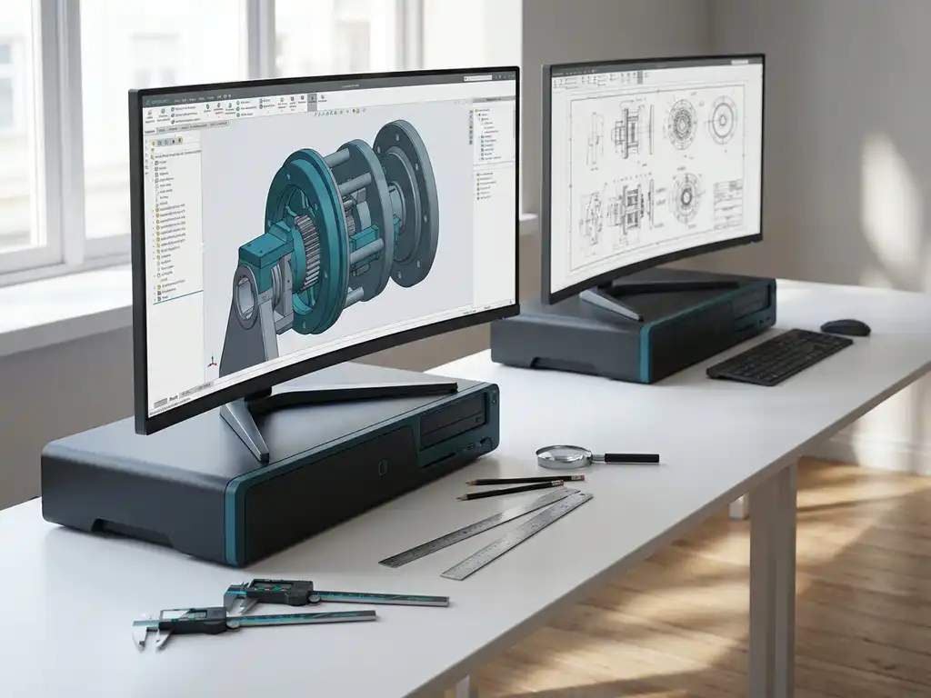 Twee professionele CAD-werkstations op witte bureau tonen 3D mechanische assemblage en 2D technische tekeningen met precisie-instrumenten