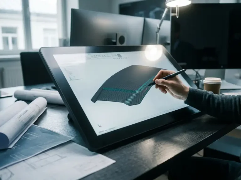 Koolstofvezel composietpaneel met gelaagde vezelpatronen op CAD-werkstation met technische tekeningen in moderne engineeringswerkruimte