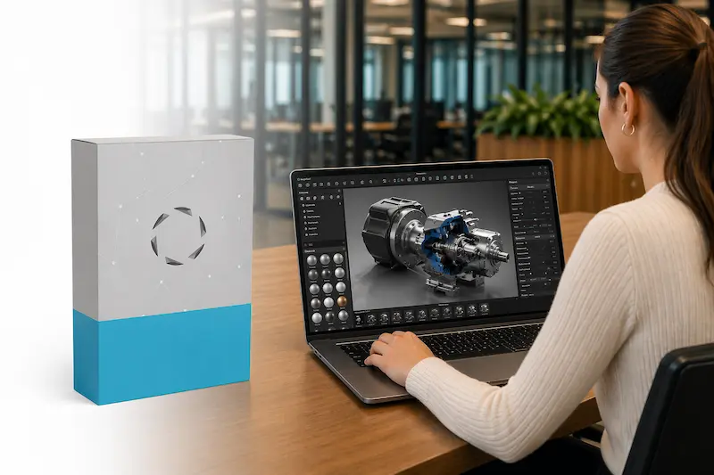 Une femme travaille sur un ordinateur portable avec KeyShot. A côté d'elle se trouve une boîte de logiciel gris clair avec le logo KeyShot et le dessous bleu dans un environnement de bureau moderne.