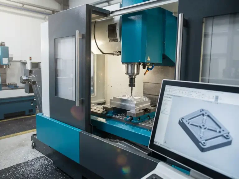 CNC freesmachine bewerkt aluminium met draaiende snijkop terwijl 3D CAD-model op monitor hetzelfde onderdeel toont