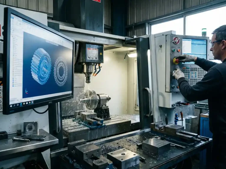 Metaalbewerker bedient CNC-freesmachine met computermonitor die 3D CAD-modellen toont in moderne werkplaats
