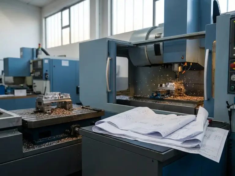 CNC-machine snijdt metalen onderdelen volgens CAD-tekeningen op werkbank in moderne werkplaats met industriële ramen