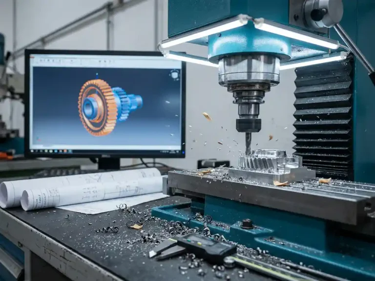 CNC-machine snijdt metalen onderdelen terwijl 3D CAD-model op monitor wordt weergegeven, meetschuifmaat en technische tekeningen op werkbank