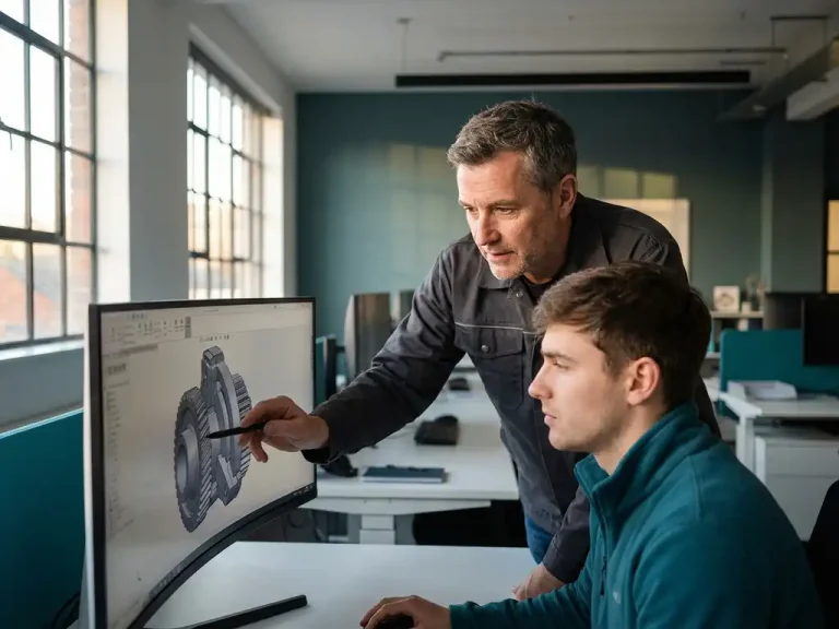 Un ingeniero señala a un colega una pieza mecánica 3D en el monitor de un ordenador en un espacio de trabajo industrial moderno