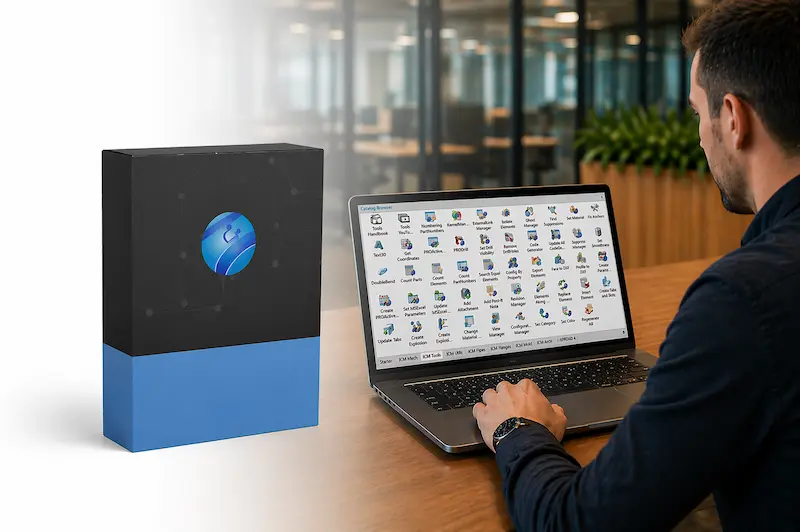 Man werkt op laptop met catalogussoftware; naast hem staat een ‘IronCAD Mechanical’-softwaredoos in een moderne kantooromgeving