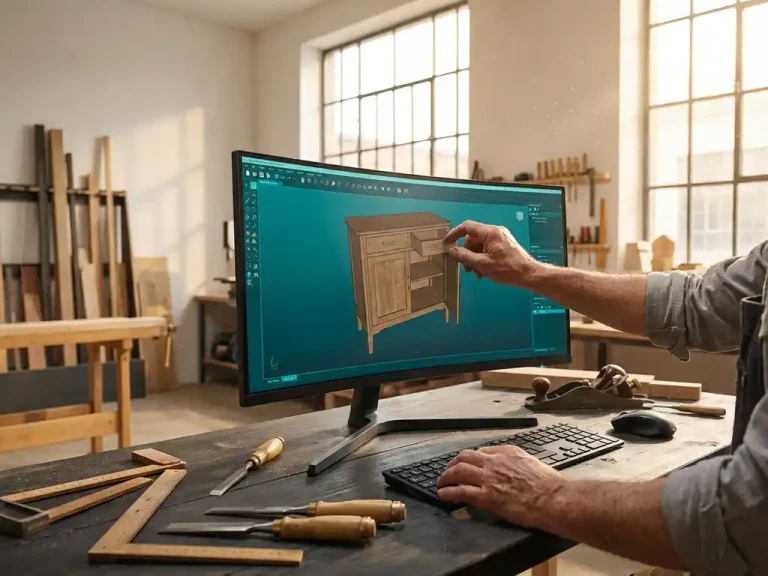 Ambachtsman bewerkt gedetailleerd 3D houten kastmodel op computermonitor met traditionele houtbewerkingsgereedschap op moderne werkbank