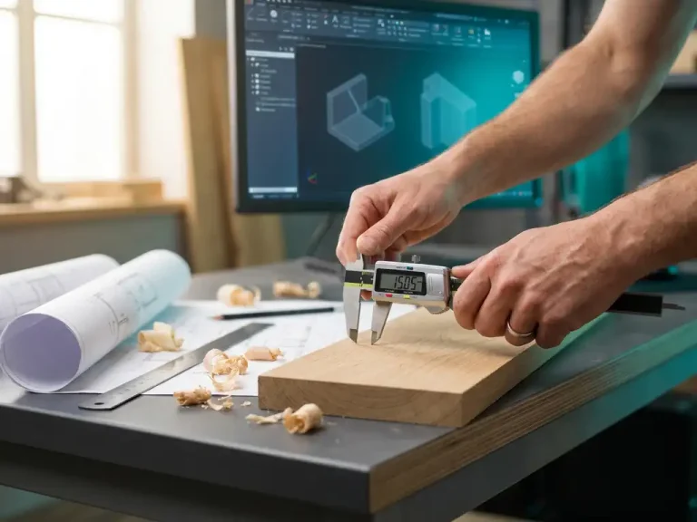 Digitale schuifmaat meet precisie houten planken op moderne werkbank met CAD-software op monitor op achtergrond