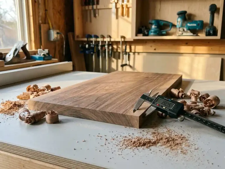 Precisiegesneden houten plank met zichtbare houtnerf op werktafel, omringd door houtkrullen en digitale schuifmaat