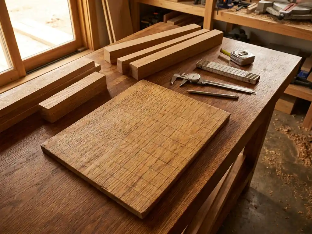 Houten zaaglijst spreadsheet op eiken werkbank omringd door geprecisioneerd gezaagde houtdelen en metalen meetgereedschap