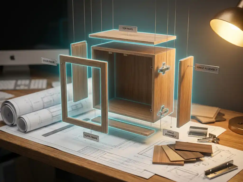 3D CAD-model van een houten kast die uiteenvalt in gelabelde onderdelen op een moderne tekentafel met technische tekeningen
