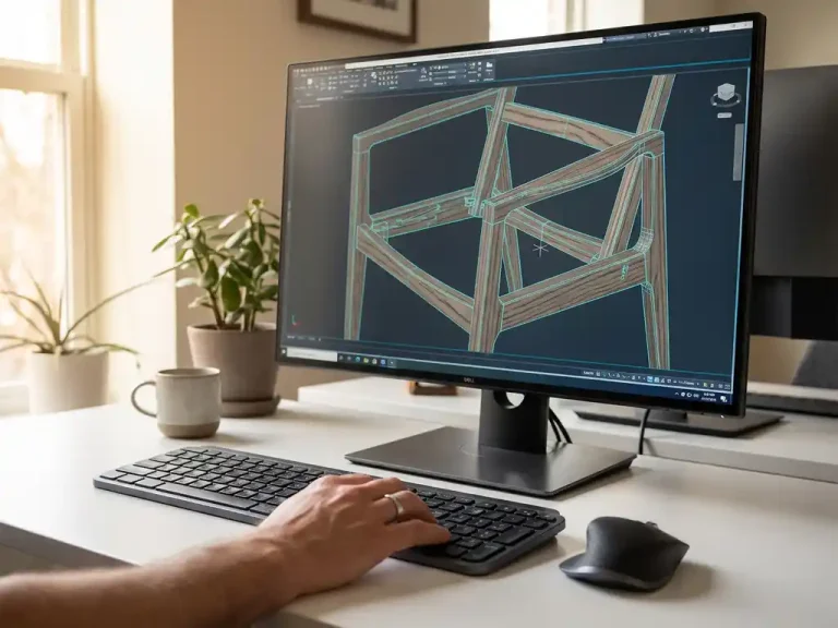 Houten stoelframe wordt gemodelleerd op computermonitor met CAD-software, gedetailleerde houtnerf en verbindingen zichtbaar