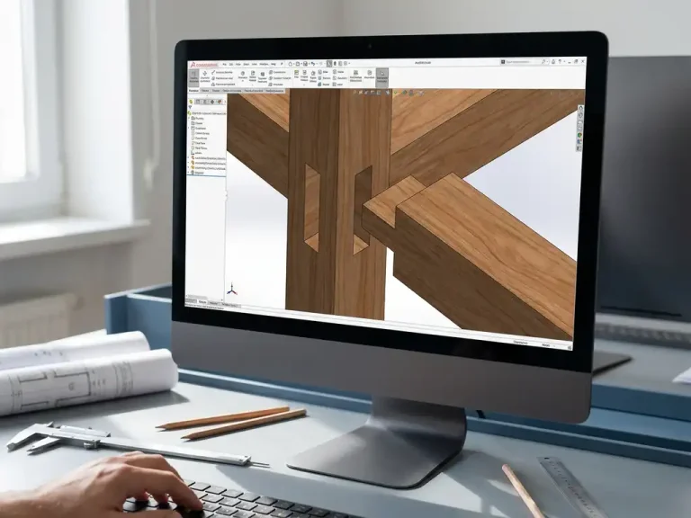 3D CAD-model van houten meubelverbinding met pen-en-gatverbinding op monitor, omringd door technische tekengereedschappen
