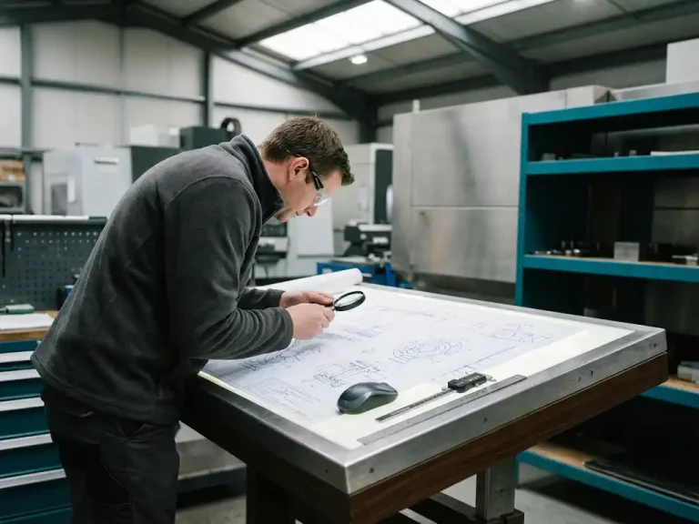 Ingenieur bestudeert 3D mechanische blauwdrukken op moderne tekentafel met precisie-meetgereedschap in industriële werkplaats