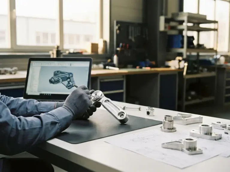 Engineer's hands make precision adjustments to shiny metal 3D machine part on modern CAD workstation with design iterations