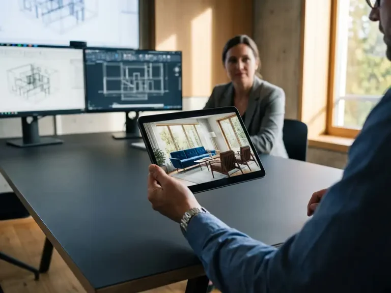 Designer toont gedetailleerd 3D interieurmodel op tablet aan klant tijdens professionele presentatie aan moderne vergadertafel