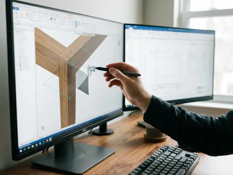 Hand past digitale schuifmaat aan op houten meubelonderdeel in IronCAD 3D-software op moderne werkplek met dual monitors