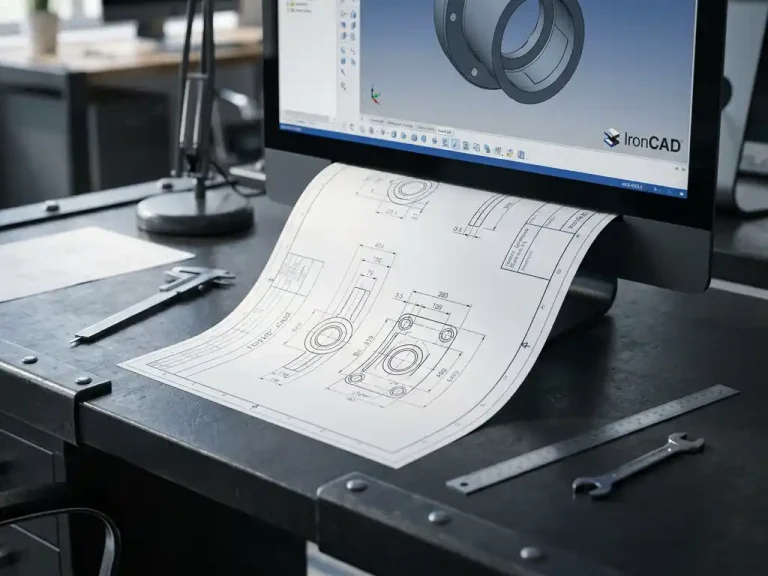 Technische tekening komt uit computermonitor met IronCAD software, gedetailleerde productiespecificaties zichtbaar op industrieel bureau