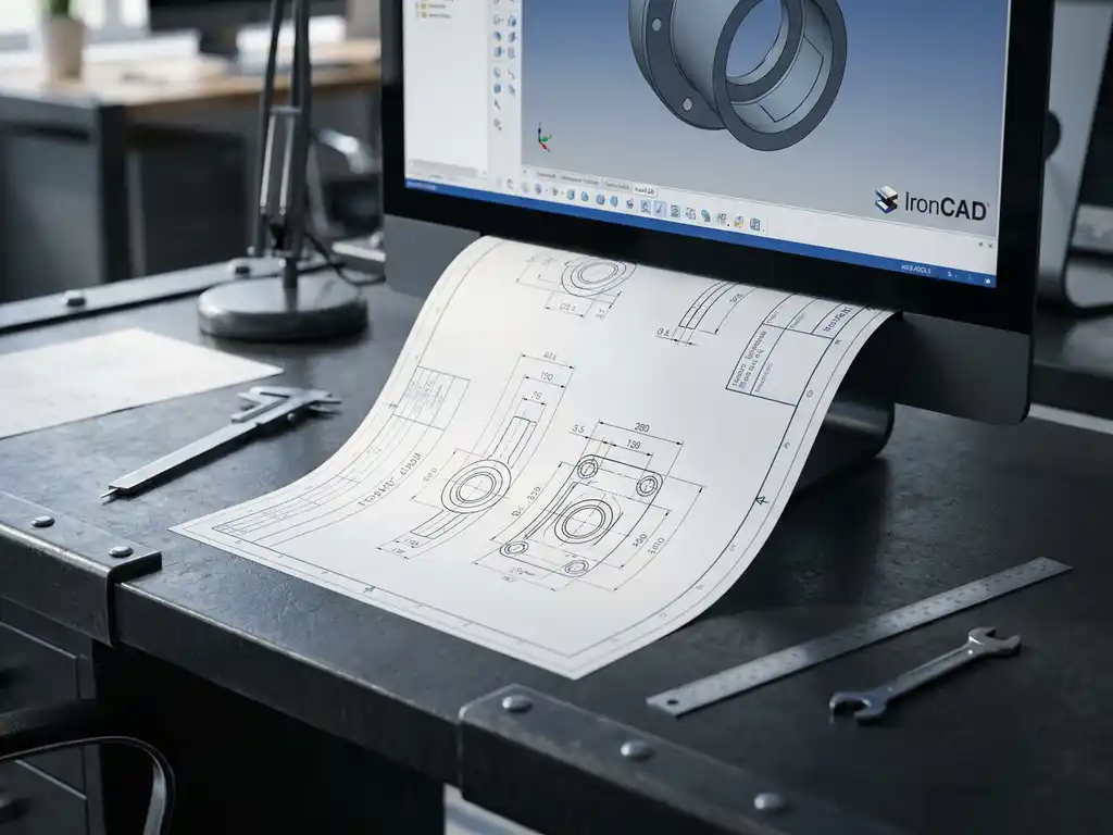 Technische tekening komt uit computermonitor met IronCAD software, gedetailleerde productiespecificaties zichtbaar op industrieel bureau