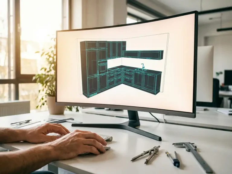Computer monitor toont 3D draadmodel van moderne keukenkast in hedendaagse werkruimte met tekengereedschap op wit bureau