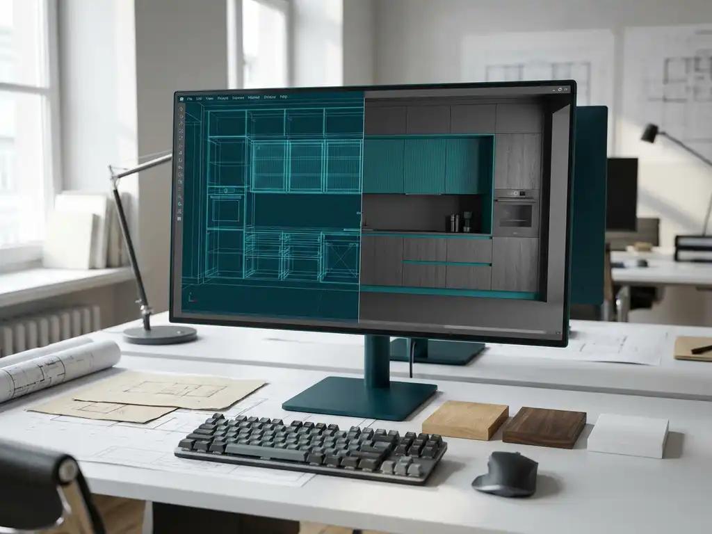 CAD-monitor toont 3D keukenkasten in wireframe en gerenderde weergave op wit bureau met houtmonsters en architecturale schetsen