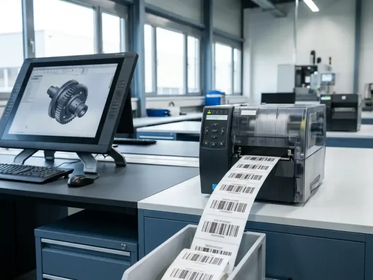CAD-werkstation toont 3D mechanisch onderdeel terwijl high-tech labelprinter automatisch witte verzendlabels met streepjescodes produceert