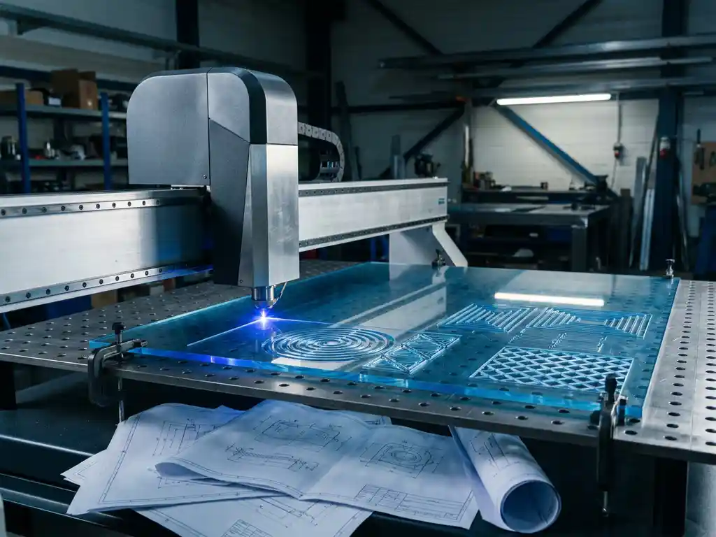 Precisie lasersnijmachine snijdt ingewikkelde geometrische patronen in doorzichtig blauw plastic met CAD-tekeningen eronder