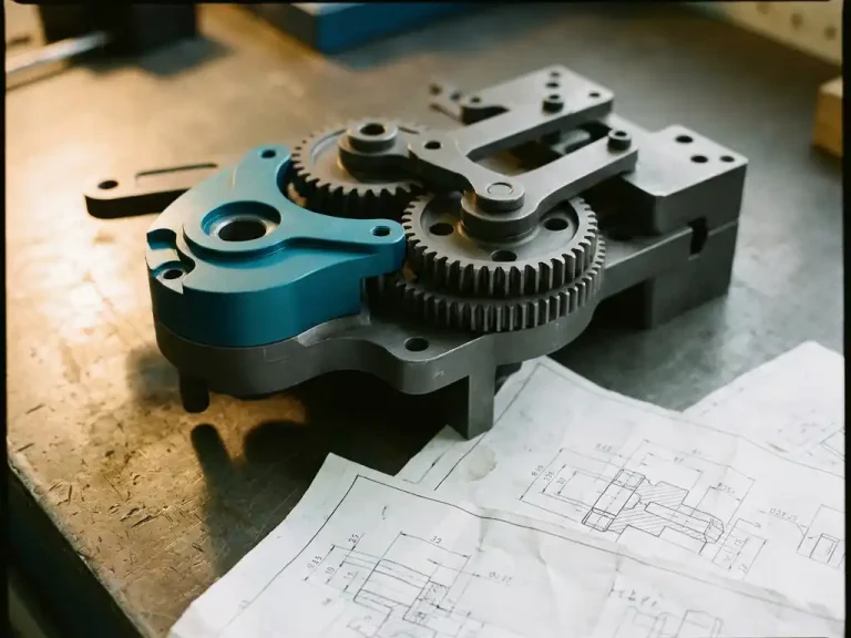 Precisie-mechanische assemblage met in elkaar grijpende metalen onderdelen op industriële werkbank, één component gemarkeerd in felblauwe kleur