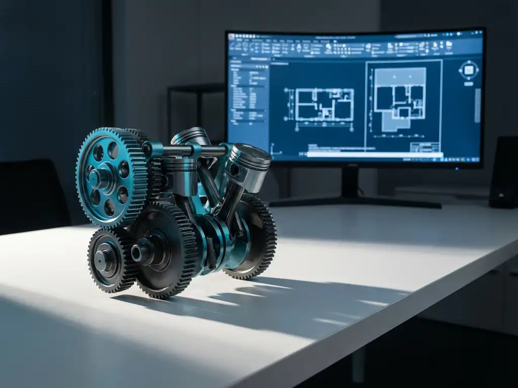 Precisie-mechanische samenstelling met tandwielen en zuigers op moderne werkplek met CAD-software op monitor