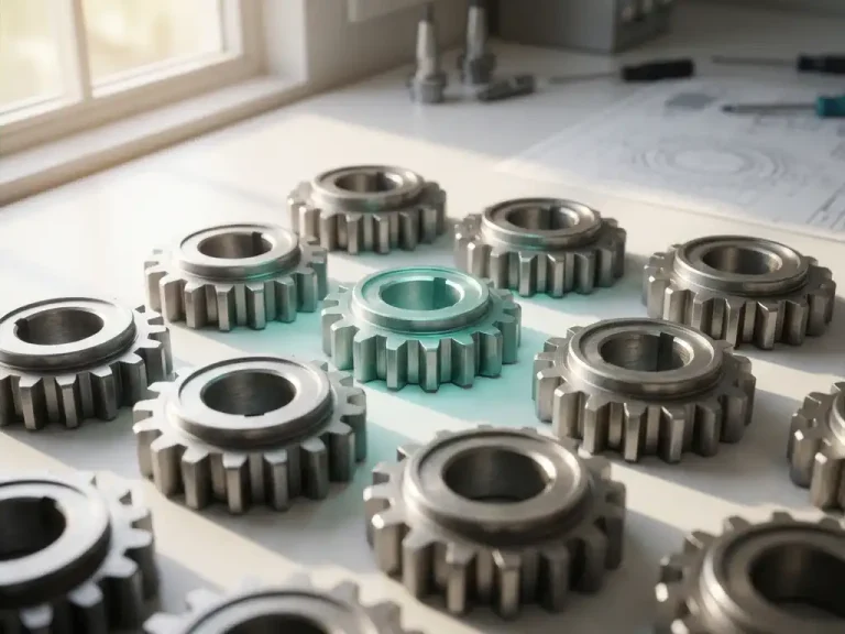 Metalen mechanische onderdelen in rasterpatroon op witte werkbank, één component verlicht met teal licht