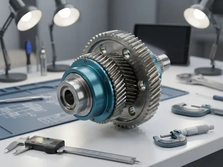 Precisie stalen tandwielen draaien op moderne werkbank met meetinstrumenten en schuifmaten