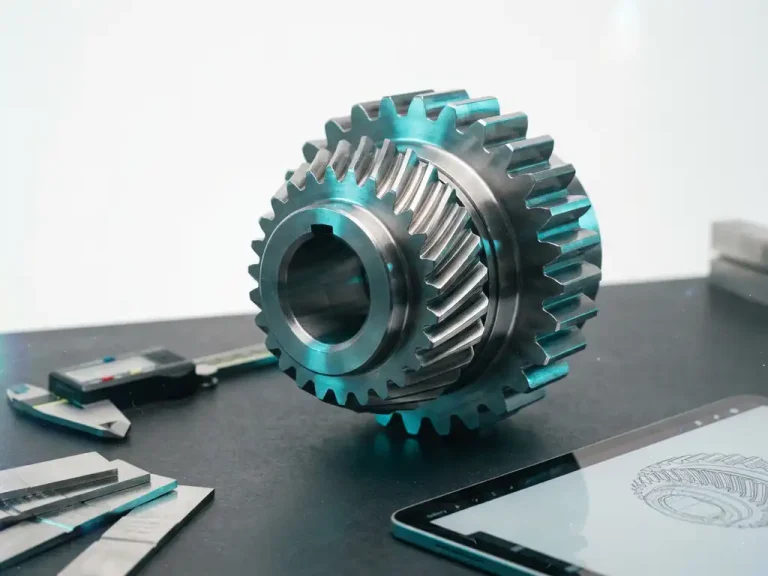 Precisie metalen tandwielassemblage met glanzende tanden op CAD-werkstation met digitale schuifmaat en materiaalmonsters