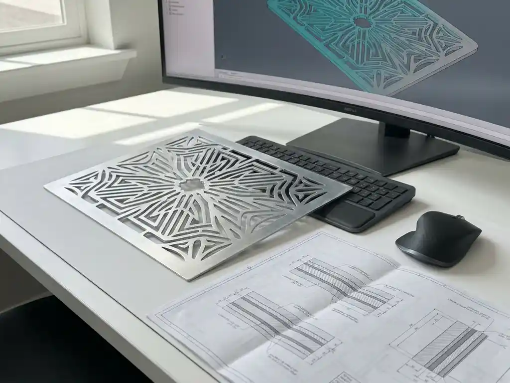 Precisiegesneden metalen plaat met geometrische patronen op CAD-werkstation met technische tekeningen en 3D-software