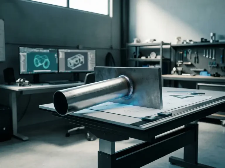 Precisie-bewerkte metalen pijp gelast aan stalen plaat op tekentafel met CAD-werkstation op achtergrond
