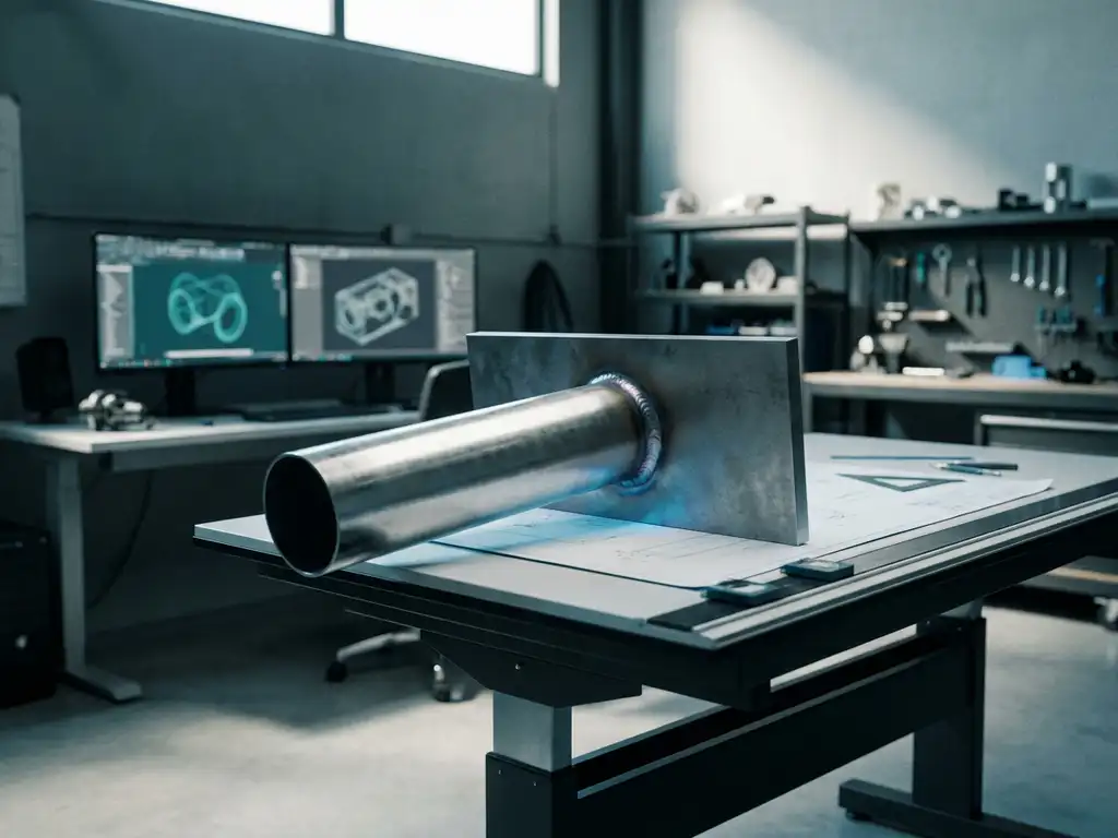 Precisie-bewerkte metalen pijp gelast aan stalen plaat op tekentafel met CAD-werkstation op achtergrond