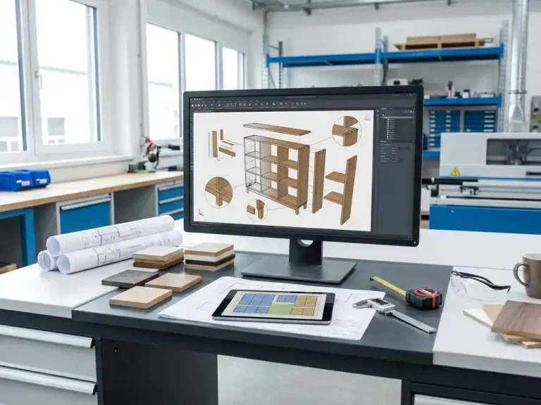 CAD-werkstation met 3D meubelontwerp op monitor, omringd door materiaalmonsters en precisie-meetgereedschap op moderne bureau