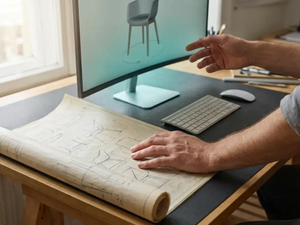 El diseñador trabaja en la transición de los dibujos técnicos tradicionales en el tablero de dibujo al modelo de mueble 3D en el ordenador