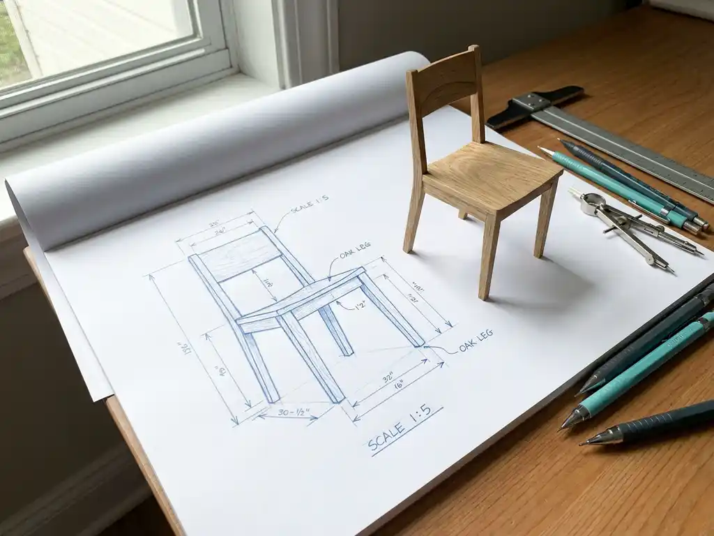 Technische tekening van stoelblauwdruk die overgaat in realistische 3D houten stoel op wit papier met tekengereedschap