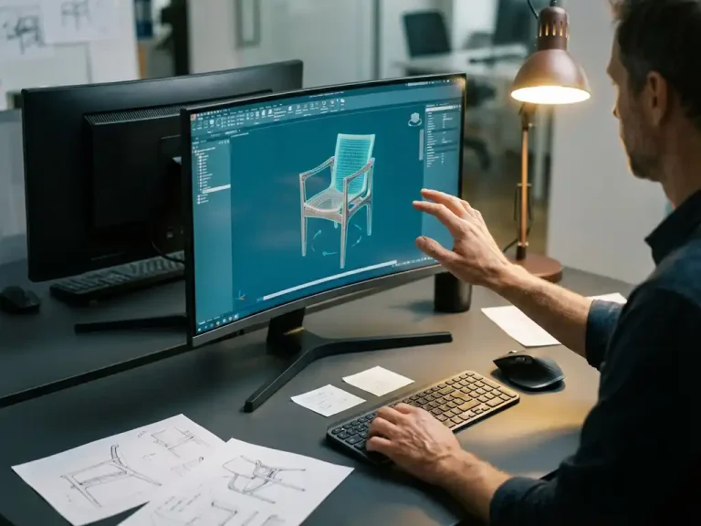 Designer manipuleert 3D meubelmodel van houten stoel op professionele CAD-werkstation met dubbele monitoren