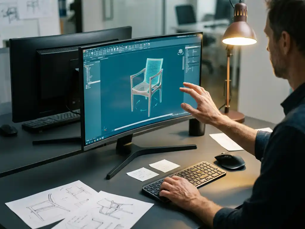 Designer manipuleert 3D meubelmodel van houten stoel op professionele CAD-werkstation met dubbele monitoren