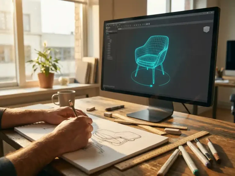 Ontwerper schetst meubelonderdelen op papier terwijl monitor 3D meubelmodel in teal toont, houten bureau met gereedschap