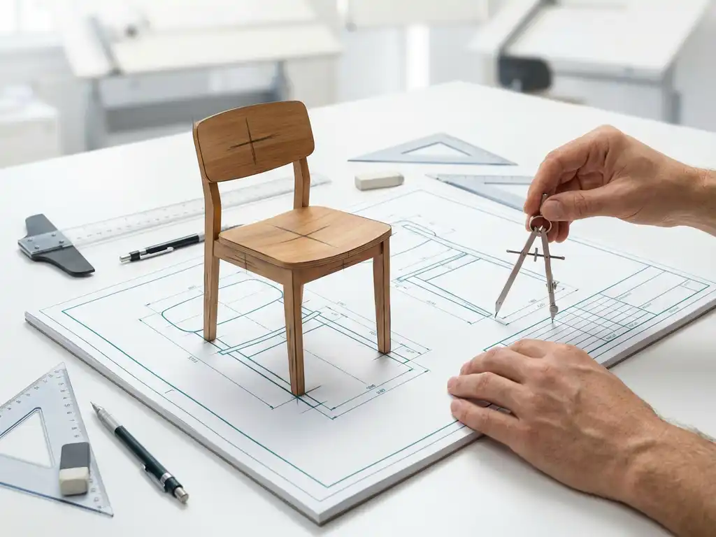 Technische tekentafel met meubelontwerp op papier naast 3D houten stoel model, handen met passer, tekengereedschap