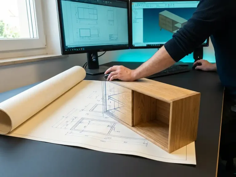 Architecturale blauwdruk transformeert naar houten meubelstuk terwijl ontwerper met computermuis de overgang begeleidt op CAD-werkstation
