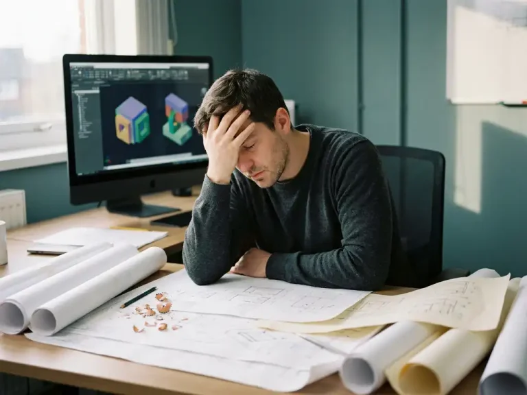 Gefrustreerde ontwerper gebogen over rommelig bureau vol papieren blauwdrukken terwijl computer met 3D CAD-modellen ongebruikt staat