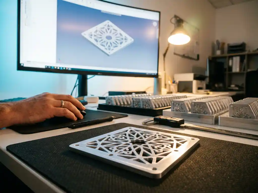 Precisie-bewerkingssjabloon met geometrische uitsneden op CAD-werkstation met aluminium onderdelen in rijen op achtergrond