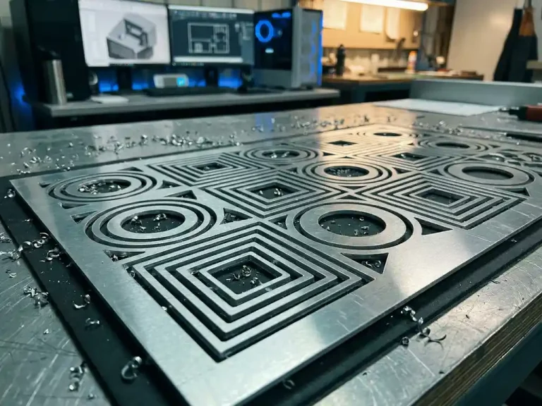 Precisiegesneden aluminium plaat met geometrische uitsnijdingen op industriële werkbank, CAD-werkstation op achtergrond
