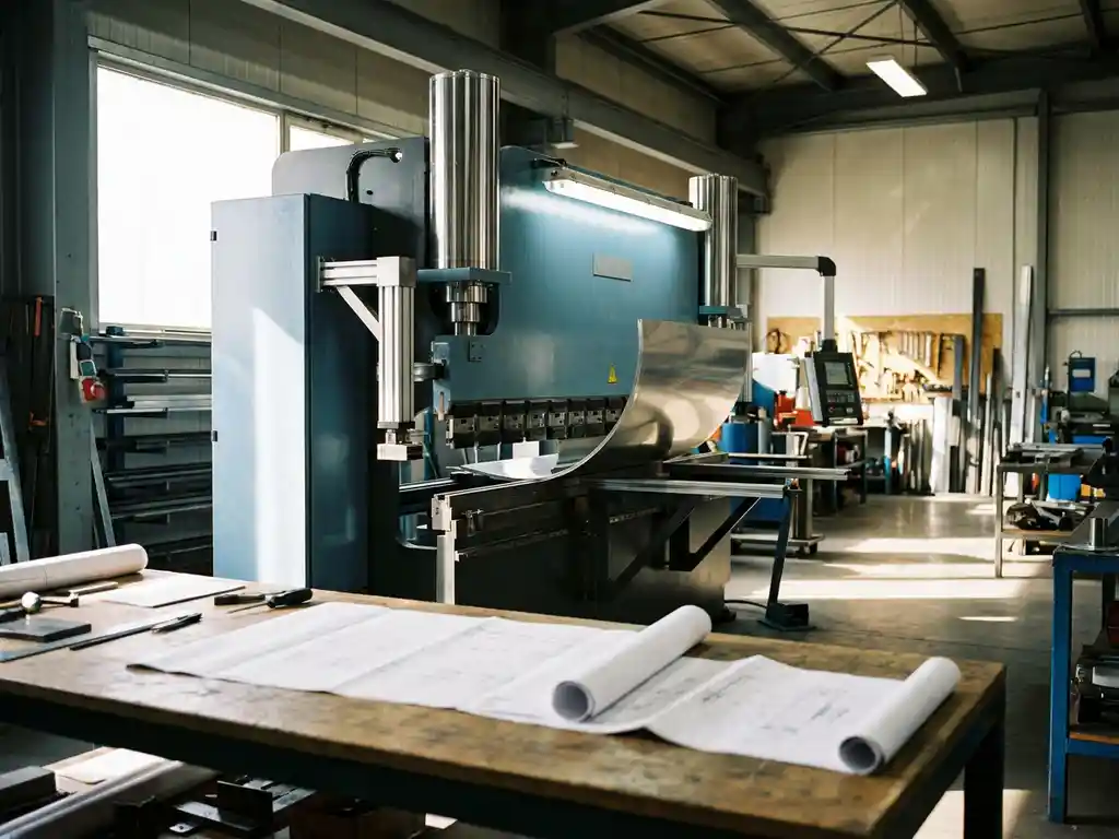 Precisie staalbuigmachine met chromen hydraulische armen vormt metalen plaat, CAD-tekeningen op werkbank eronder