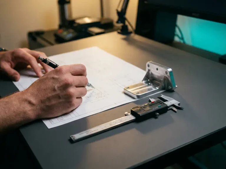 Technische schets die overvloeit in gepolijst aluminium prototype op moderne tekentafel met mechanisch potlood en digitale schuifmaat
