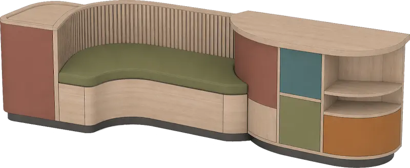 Comptoir en bois courbé avec banc intégré et coussin vert, équipé de lattes verticales en guise de dossier et de compartiments de rangement aux façades colorées en vert, bleu, terre cuite et orange.