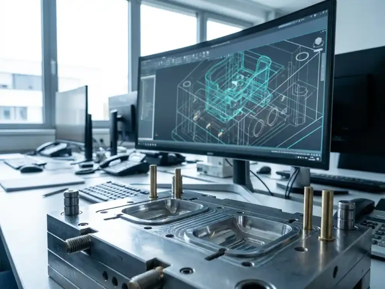 Gedetailleerde kunststof spuitgietmal met stalen holtes en koelkanalen op moderne CAD-werkstation met 3D-modellen op monitor